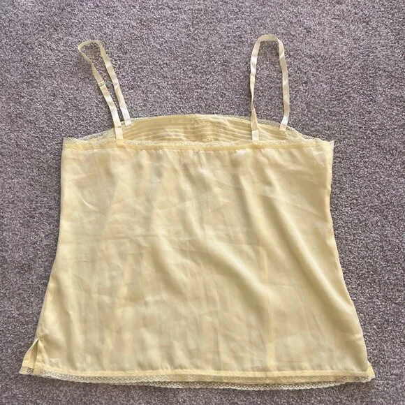 Y2K Pale Yellow Satin Pleated Embroidered Lace Cami Top M - Picture 5 of 8